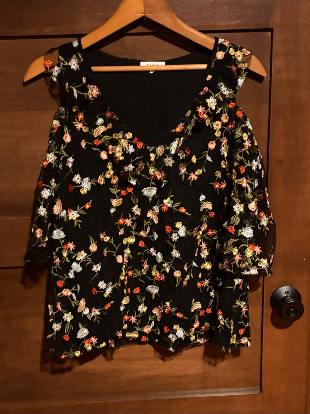 Pleione Black Floral Embroidered Cold-Shoulder Top